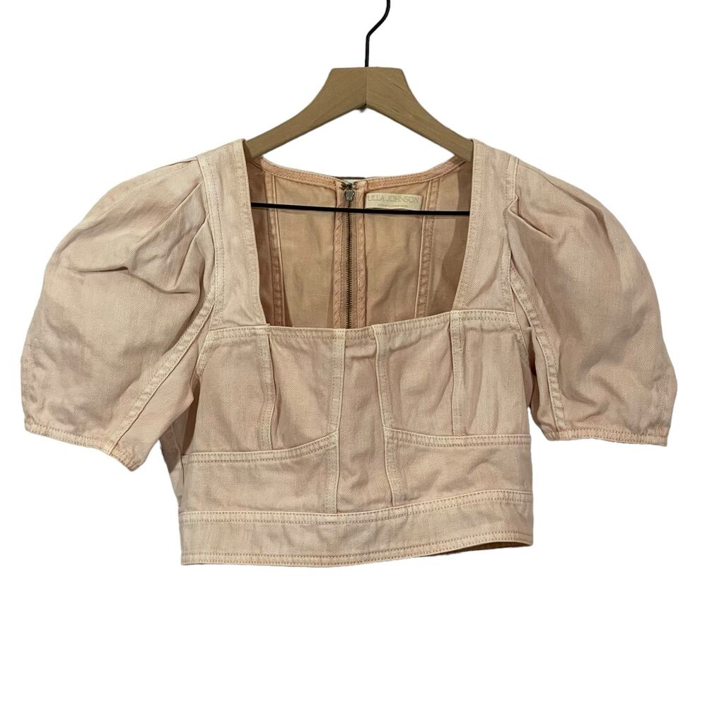 Ulla Johnson Renee Denim Bustier Puff Sleeve Crop Top - Sweetbriar - 6